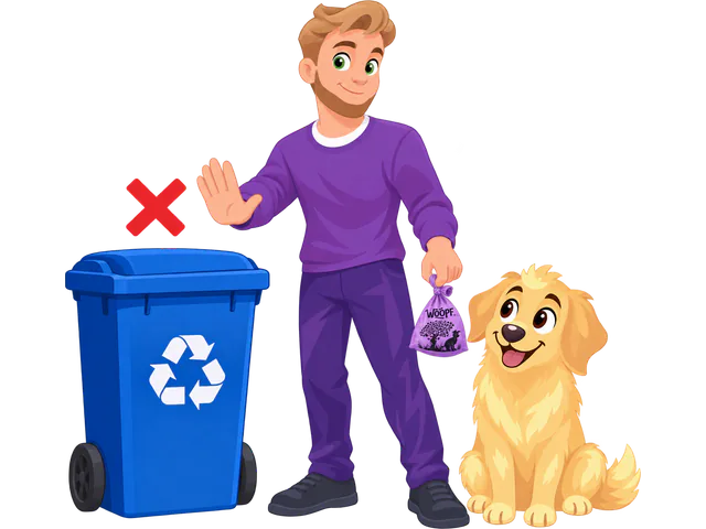 A man holding a tied purple WOOPF™ poo bag raises his other hand to stop at a blue recycling bin marked with a red cross, a golden retriever beside him.