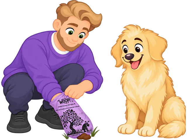 A man crouching on the grass picks up after a golden retriever with his hand inside a purple WOOPF™ poo bag.
