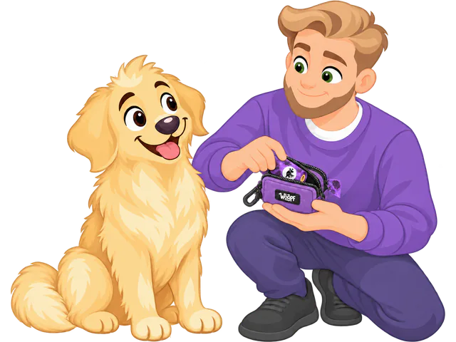 A man kneeling beside a golden retriever loads a purple roll of WOOPF™ bags into an open purple WOOPF™ pouch.