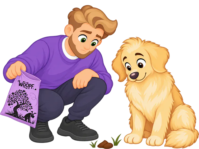 A man crouching with an open purple WOOPF™ poo bag looks closely at the poo on the grass, a golden retriever looking down at it too.