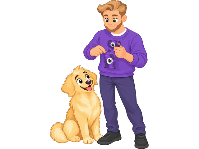 A man tears a purple WOOPF™ poo bag off its roll along the perforated line, a golden retriever sitting beside him.