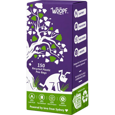 One purple WOOPF™ box of 150 recycled plastic poo bags.