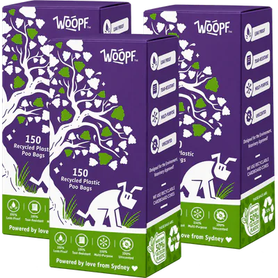 Three purple WOOPF™ boxes of 150 recycled plastic poo bags.