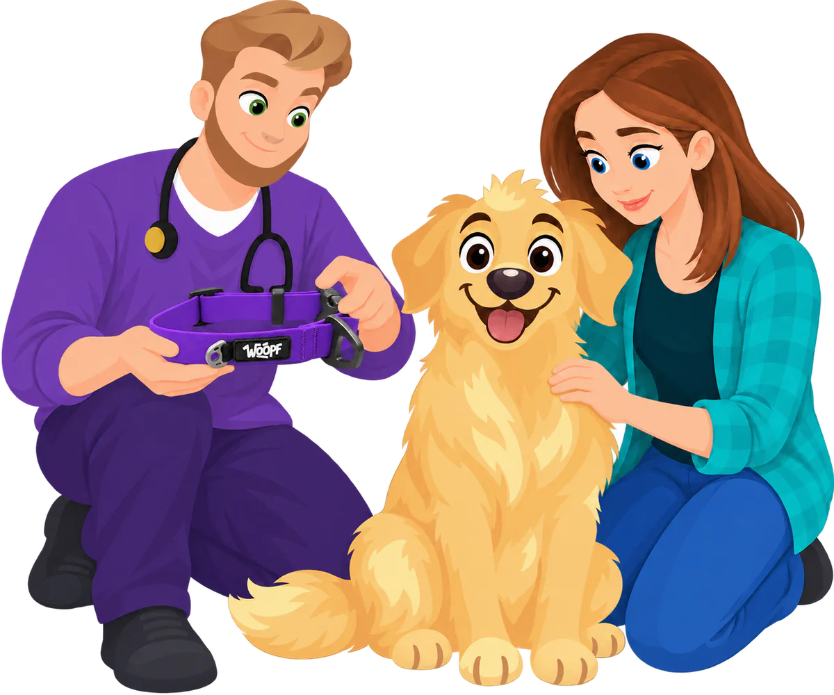 Illustrated man kneeling with a purple WOOPF™ Sealskin Collar off in his hands beside a sitting golden retriever, a woman stroking the dog