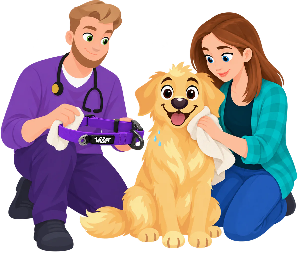 Illustrated man wiping a purple WOOPF™ Sealskin Collar dry with a towel while a woman towels a sitting golden retriever's damp neck