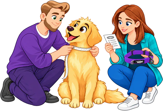 Illustrated man measuring a sitting golden retriever's neck with a soft tape, a woman beside them holding a size card and a purple WOOPF™ Sealskin Collar