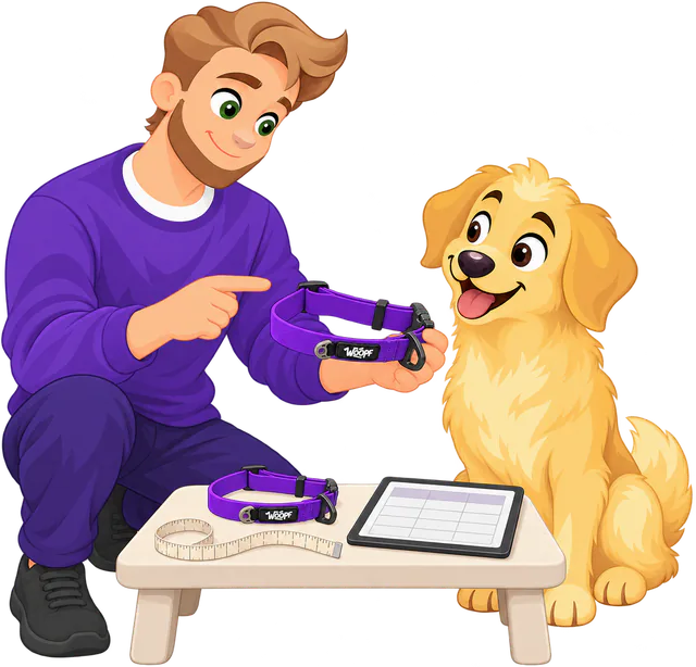 Illustrated man crouching and pointing to a purple WOOPF™ Sealskin Collar in his hand beside a sitting golden retriever, a second collar, a soft tape and a tablet with a size chart on a low table