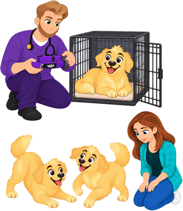 Illustrated man holding a purple WOOPF™ Sealskin Collar off beside a wire crate where a golden retriever lies, and below, two young golden retrievers playing as a woman kneels and watches