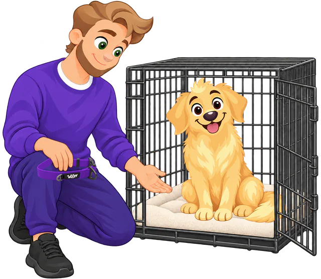 Illustrated man kneeling with a purple WOOPF™ Sealskin Collar off in his hand, reaching toward a golden retriever sitting on a bed in an open wire crate