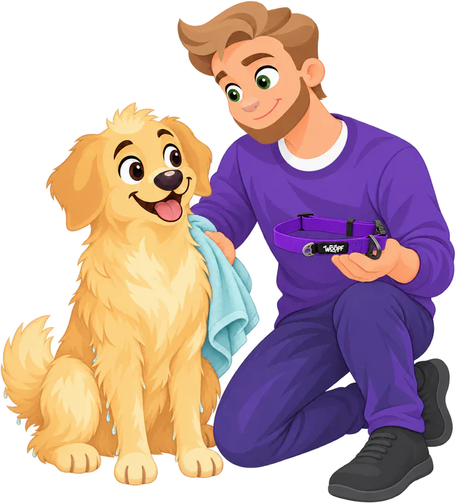 Illustrated man kneeling to towel a wet golden retriever's neck, a purple WOOPF™ Sealskin Collar off in his other hand