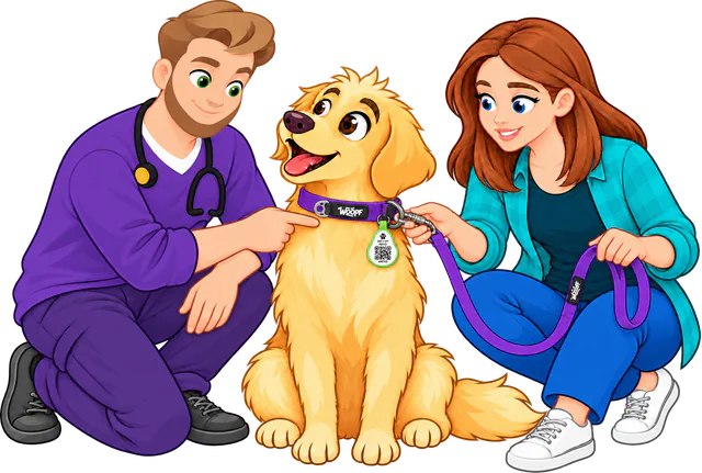 Illustrated man pointing to a purple WOOPF™ Sealskin Collar on a sitting golden retriever, a green QR tag hanging from its small tag ring and a woman holding the purple lead clipped to its D-ring