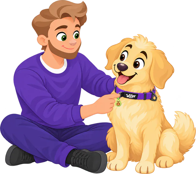 Illustrated man sitting cross-legged, pointing to a green tag hanging from the small tag ring of a purple WOOPF™ Sealskin Collar on a sitting golden retriever
