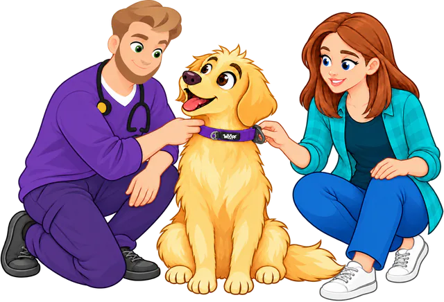 Illustrated man checking the fit of a purple WOOPF™ Sealskin Collar on a sitting golden retriever, two fingers slipped under it, a woman holding it by the D-ring