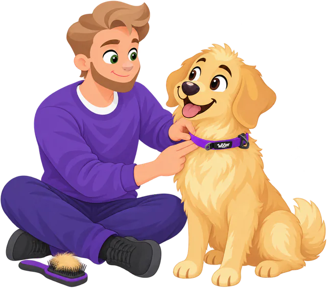 Illustrated man sitting cross-legged with two fingers slipped under a purple WOOPF™ Sealskin Collar on a sitting golden retriever, a brush full of fur at his feet
