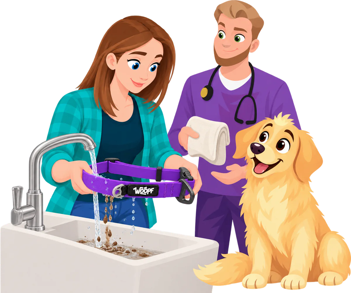 Illustrated woman rinsing mud out of a purple WOOPF™ Sealskin Collar under a tap at a sink, a man holding a towel and a golden retriever sitting beside her