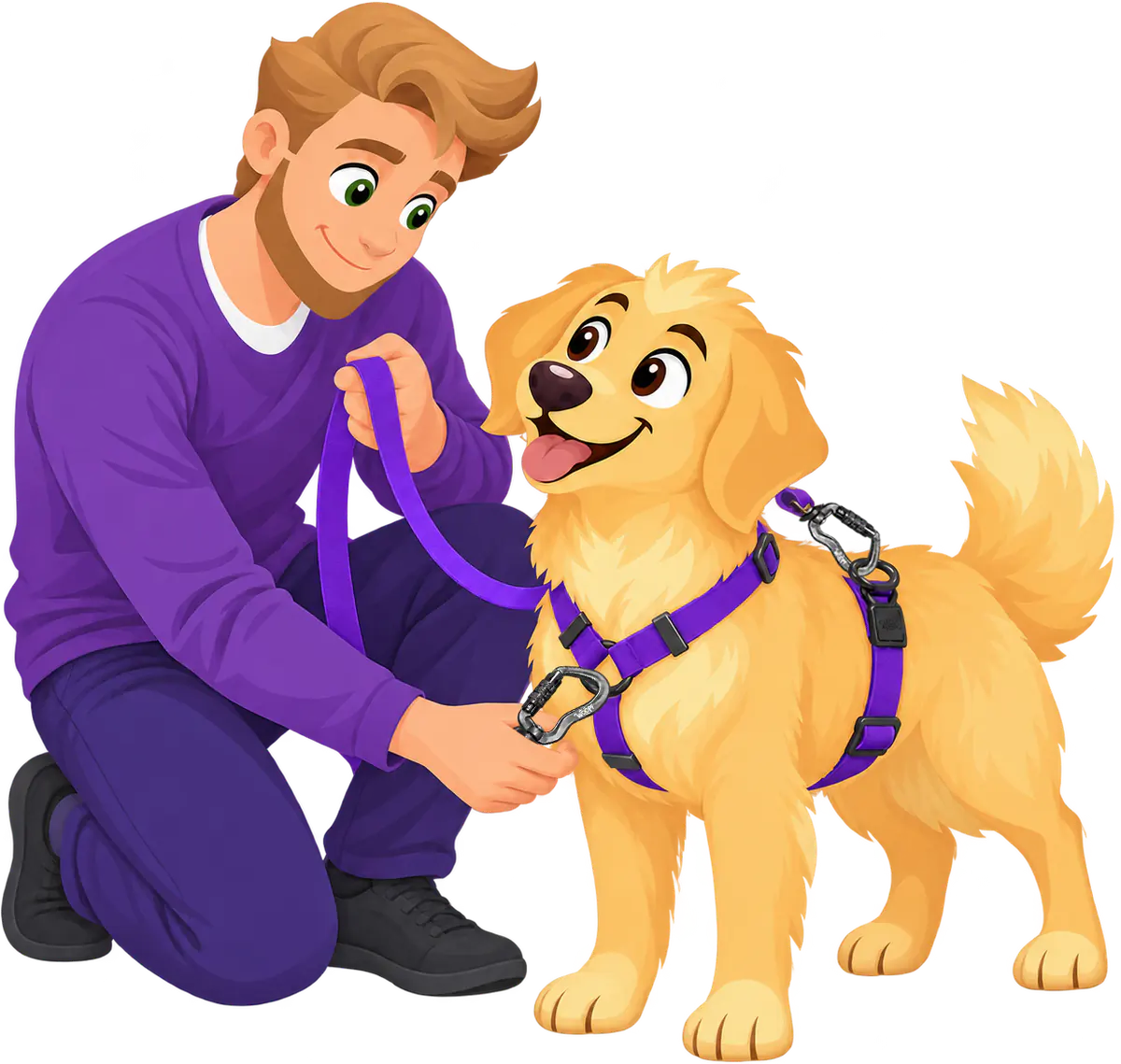 A man kneels beside a golden retriever puppy and clips a purple Sealskin Extendable Leash to its purple harness, one locking carabiner on the front ring and the other on the back