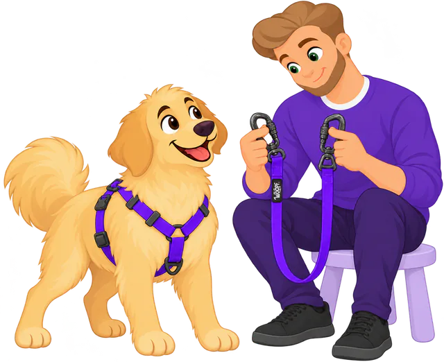 A man on a stool holds up both locking carabiners of a purple Sealskin Extendable Leash to check them, a golden retriever puppy in a purple harness watching