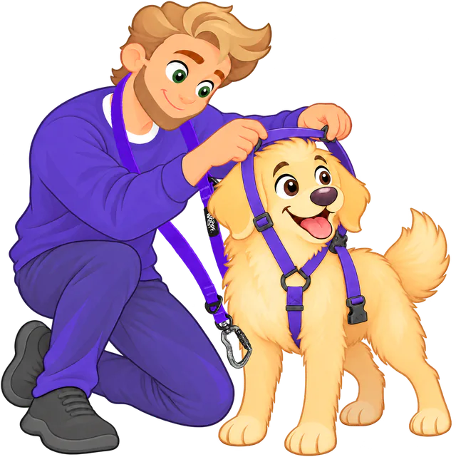A man kneels and slips a purple harness over a golden retriever puppy's head, a purple Sealskin Extendable Leash over his shoulder