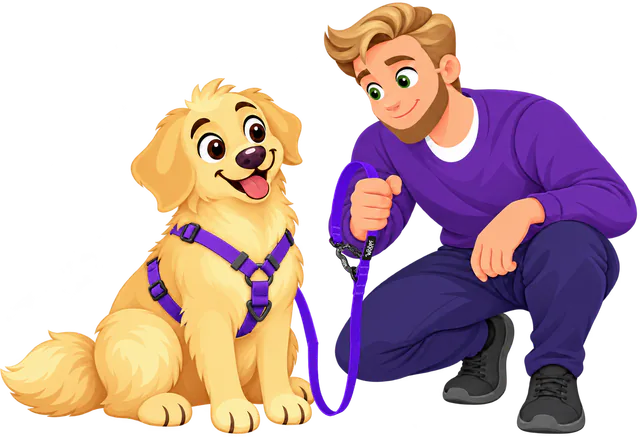 A man crouches beside a golden retriever puppy in a purple harness and holds the purple Sealskin Extendable Leash in his fist, thumb over the webbing