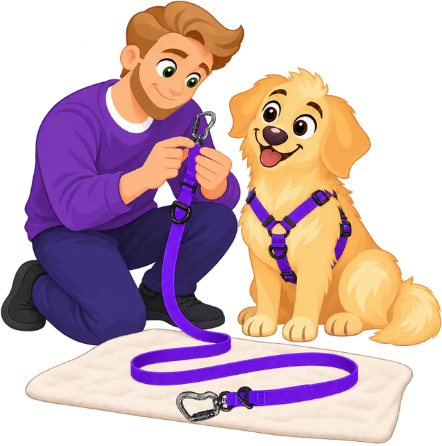 A man kneels beside a golden retriever puppy in a purple harness and checks a locking carabiner of a purple Sealskin Extendable Leash laid out on a towel
