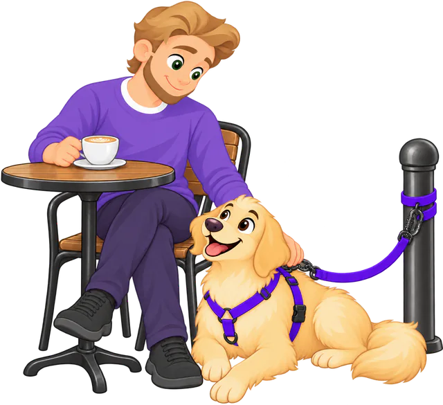 A man at a cafe table with a coffee strokes a golden retriever puppy lying beside him, its purple harness on a purple Sealskin Extendable Leash looped round a post and clipped back
