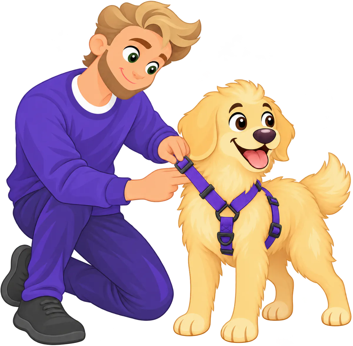 A man kneeling to adjust the neck strap of a purple Sealskin Harness on a golden retriever