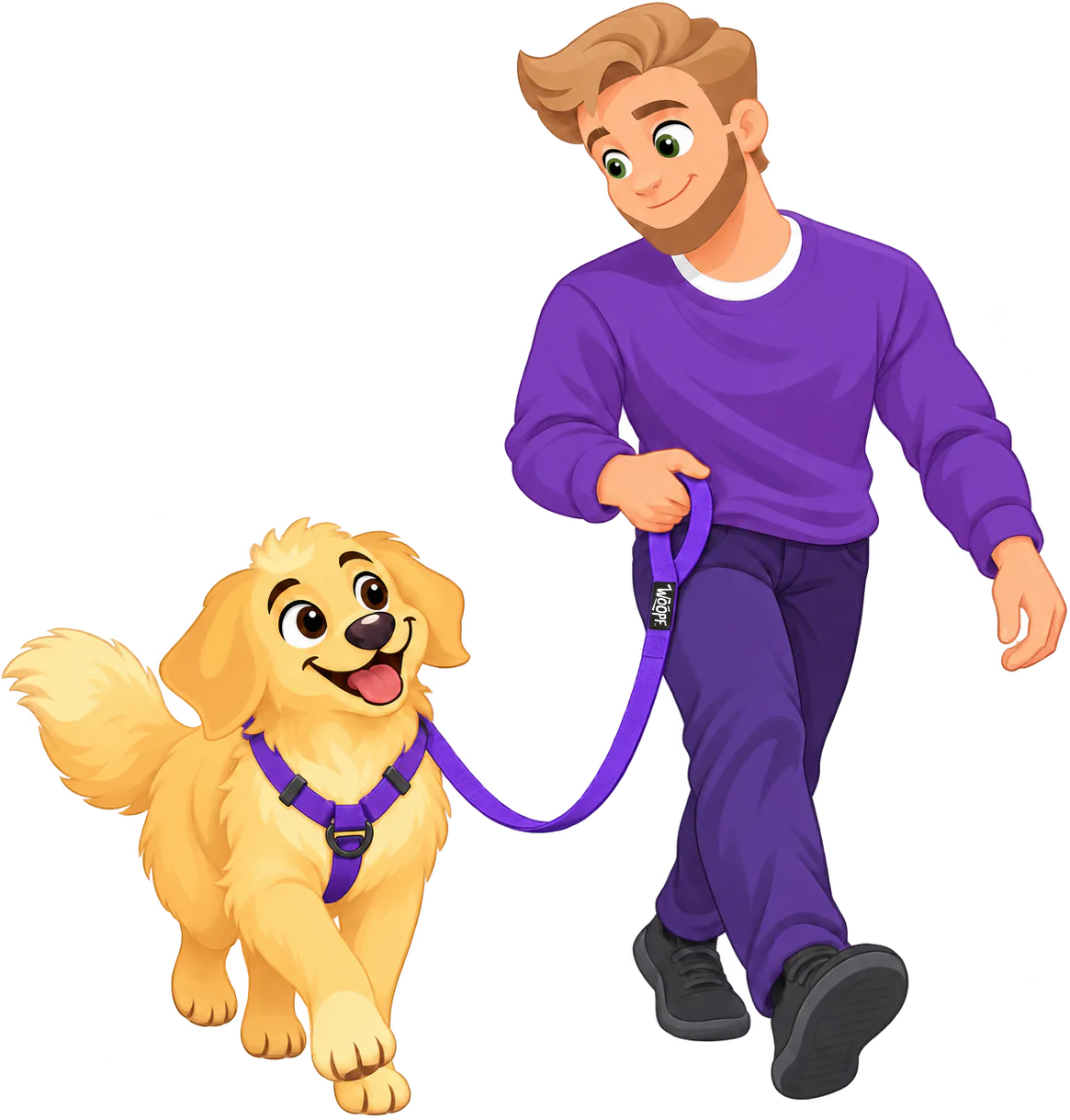 A man walking a golden retriever in a purple Sealskin Harness, the lead clipped to the D-ring on its chest