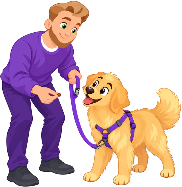 A man holding a treat for a golden retriever, the lead clipped to the D-ring on the chest of its purple Sealskin Harness