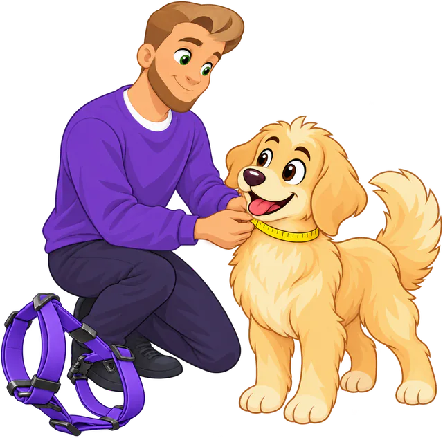 A man kneeling to measure a golden retriever's neck with a tape, a purple Sealskin Harness on the floor beside him