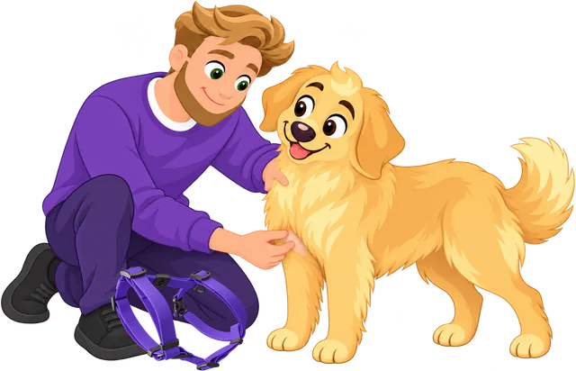 A man kneeling to check the skin behind a golden retriever's elbow, the purple Sealskin Harness off on the floor beside him