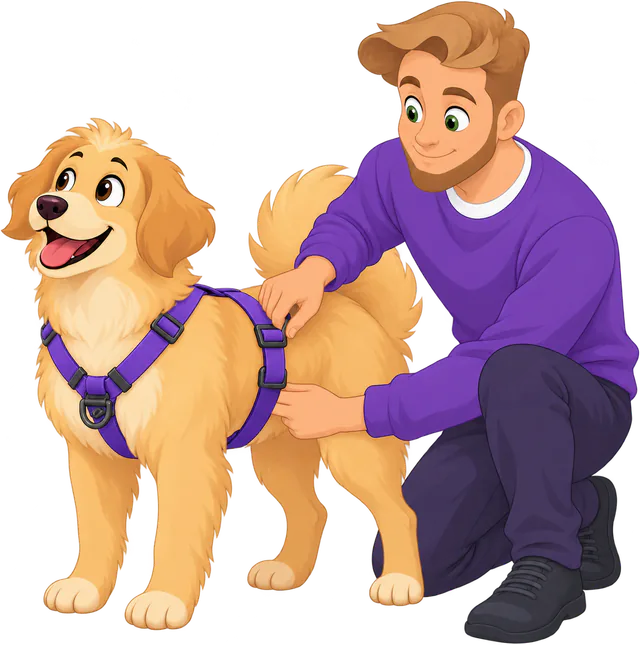 A man kneeling to adjust the straps of a purple Sealskin Harness on a golden retriever