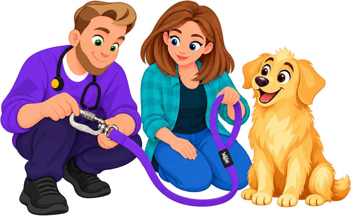 Illustrated man crouching to turn the locking sleeve on the clip of a purple WOOPF™ Sealskin Leash, a woman kneeling with its loop handle in her hand and a golden retriever sitting beside them