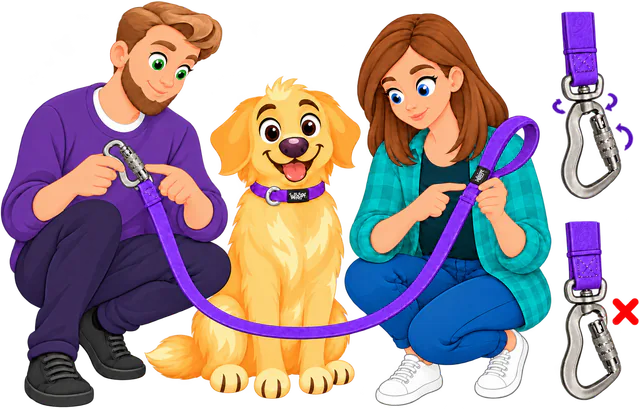 Illustrated man and woman checking the stitching at the clip end and at the loop handle of a purple WOOPF™ Sealskin Leash beside a sitting golden retriever, with close-ups of the swivel turning and a clip marked with a red cross