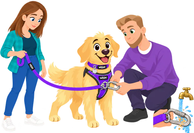 Illustrated man turning the locking sleeve on the clip of a purple WOOPF™ Sealskin Leash at a golden retriever's purple harness while a woman holds the loop handle, and the clip rinsed under a tap