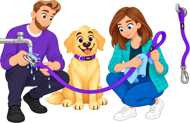 Illustrated man rinsing the clip of a purple WOOPF™ Sealskin Leash under a tap while a woman wipes the lead with a towel, a golden retriever sitting between them and the lead hung on a hook to dry