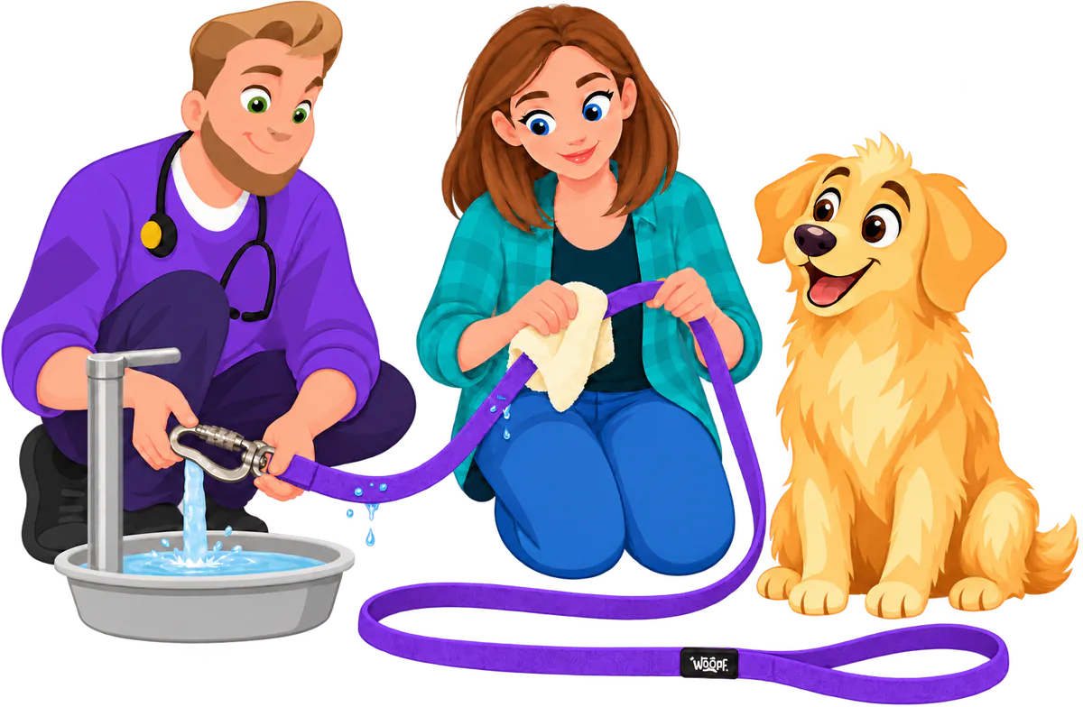Illustrated man rinsing the clip of a purple WOOPF™ Sealskin Leash under a tap into a steel bowl while a woman wipes the lead with a towel, a golden retriever sitting beside them