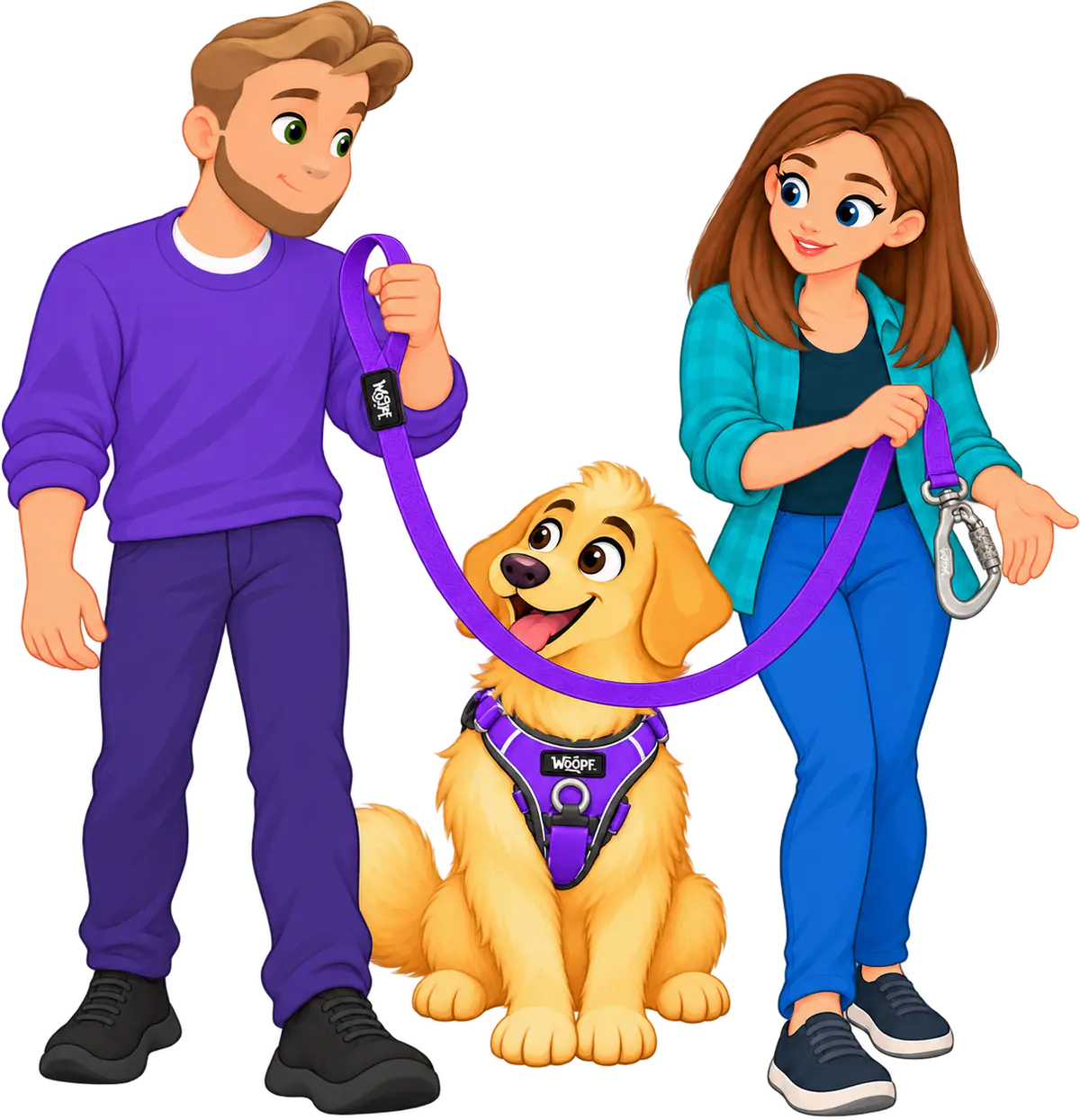 Illustrated man holding the loop handle and a woman holding the clip of a purple WOOPF™ Sealskin Leash, its whole length hanging between them over a golden retriever in a purple harness