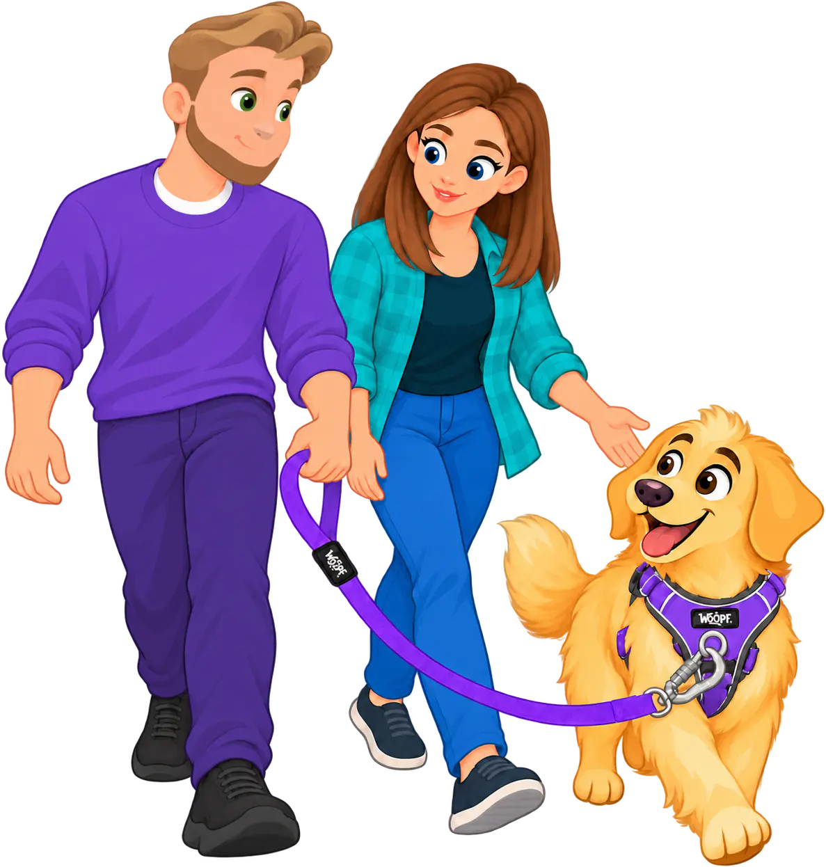 Illustrated man and woman walking a golden retriever in a purple WOOPF™ harness, a purple WOOPF™ Sealskin Leash clipped to the harness and its loop handle in the man's hand