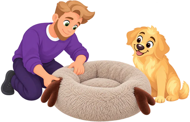 Illustrated man checking where a brown plush antler is sewn to the rim of a Fluffy Shag Calming Round Bed with Antlers, a golden retriever puppy watching