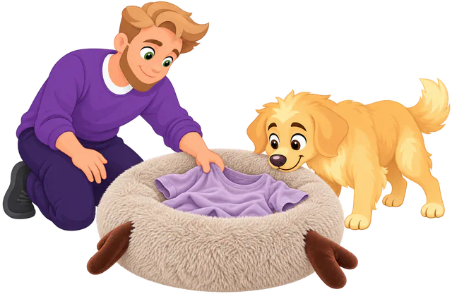 Illustrated man laying a lilac T-shirt in the well of a Fluffy Shag Calming Round Bed with Antlers as a golden retriever puppy sniffs it
