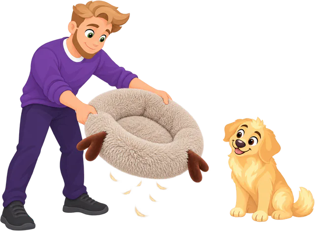 Illustrated man shaking the hair out of a Fluffy Shag Calming Round Bed with Antlers while a golden retriever puppy watches