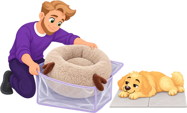 Illustrated man packing a Fluffy Shag Calming Round Bed with Antlers into a clear storage bag while a golden retriever puppy lies on the cool tiles