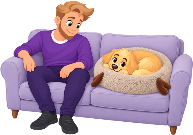 Illustrated golden retriever puppy curled up in a Fluffy Shag Calming Round Bed with Antlers on the corner of a lilac sofa, a man sitting beside it