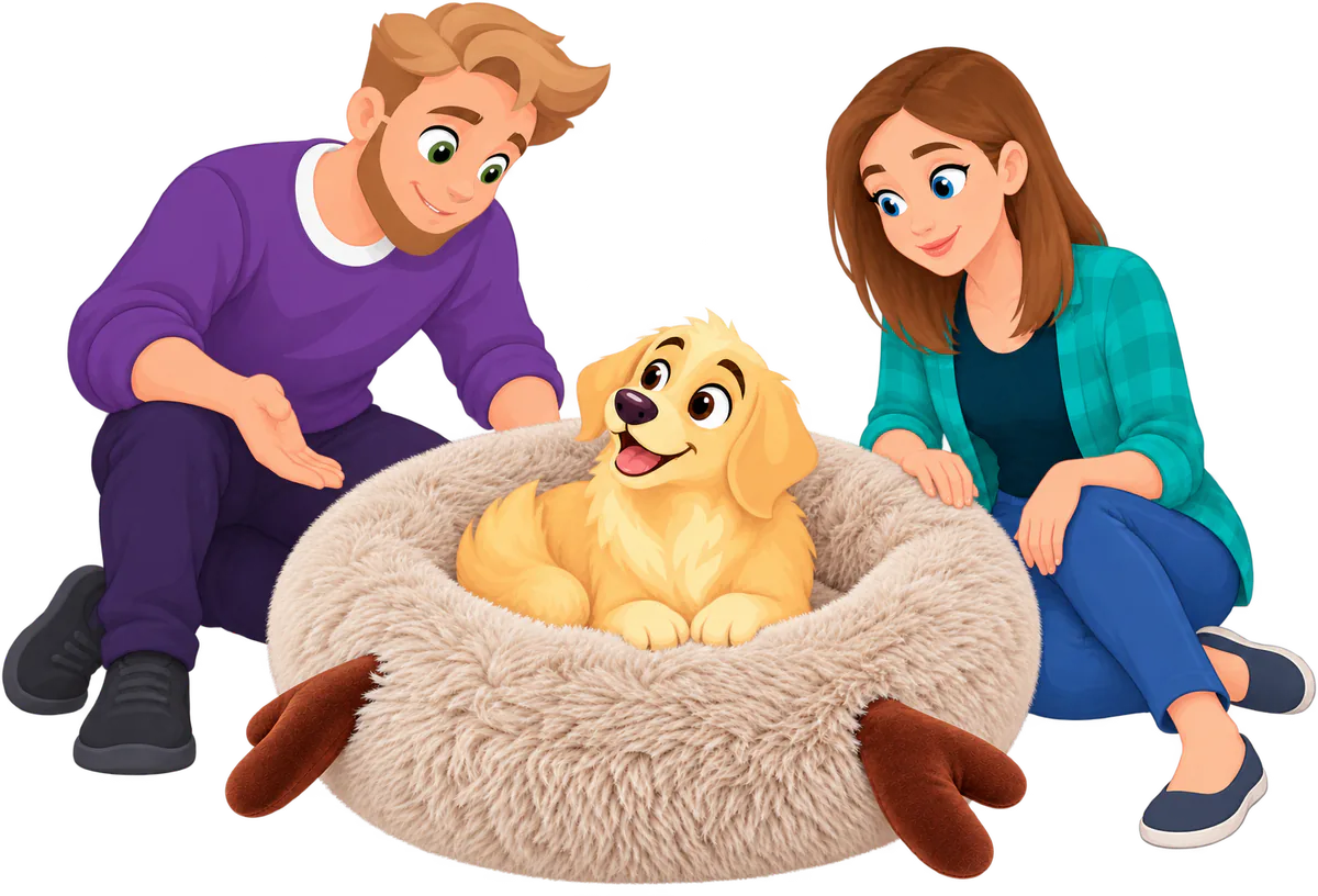 Illustrated man and woman kneeling either side of a Fluffy Shag Calming Round Bed with Antlers, a golden retriever puppy sitting in its well