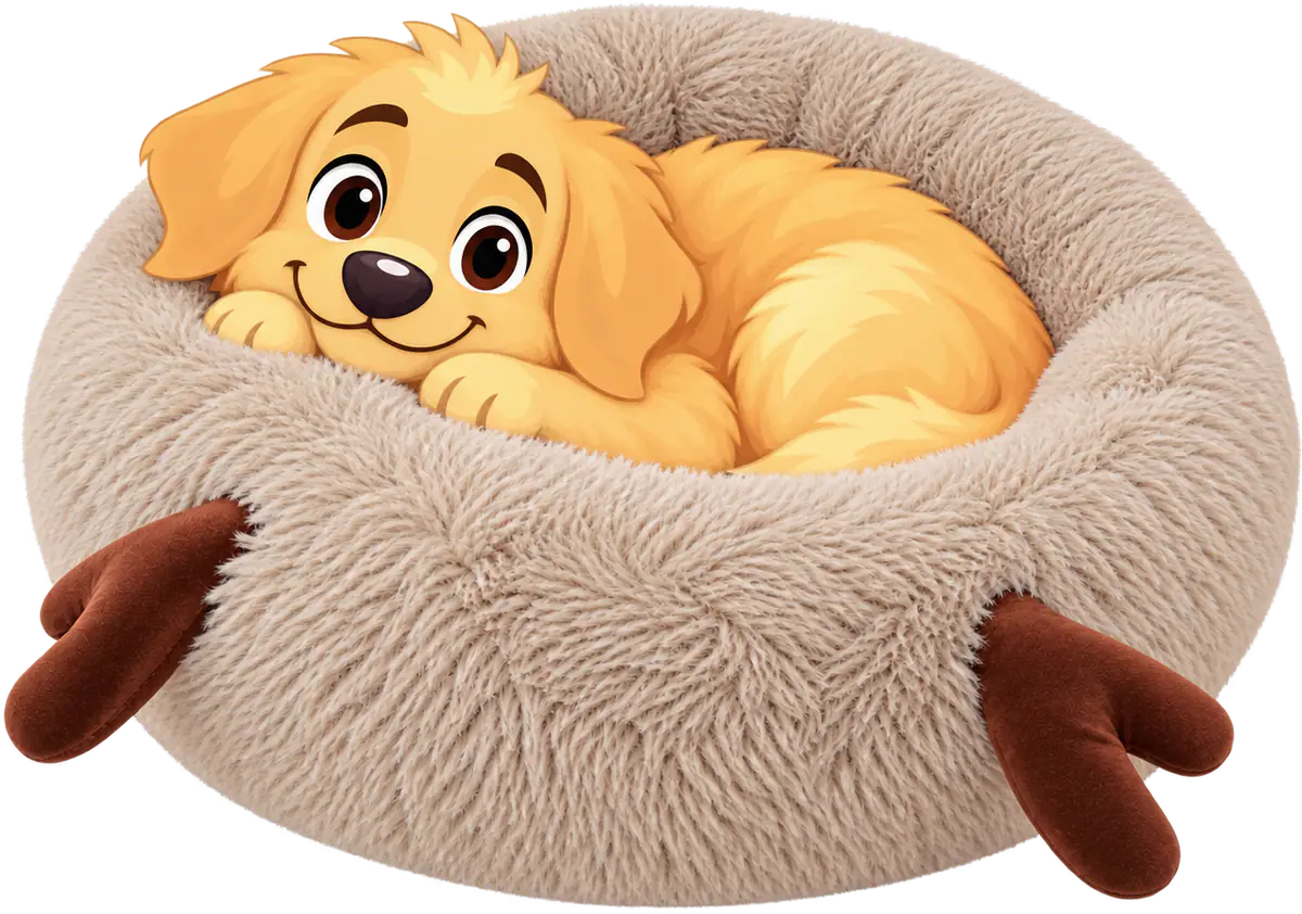 Illustrated golden retriever puppy curled up in the well of a WOOPF™ Fluffy Shag Calming Round Bed with Antlers, its chin on the padded rim, two brown plush antlers on the outside of the ring