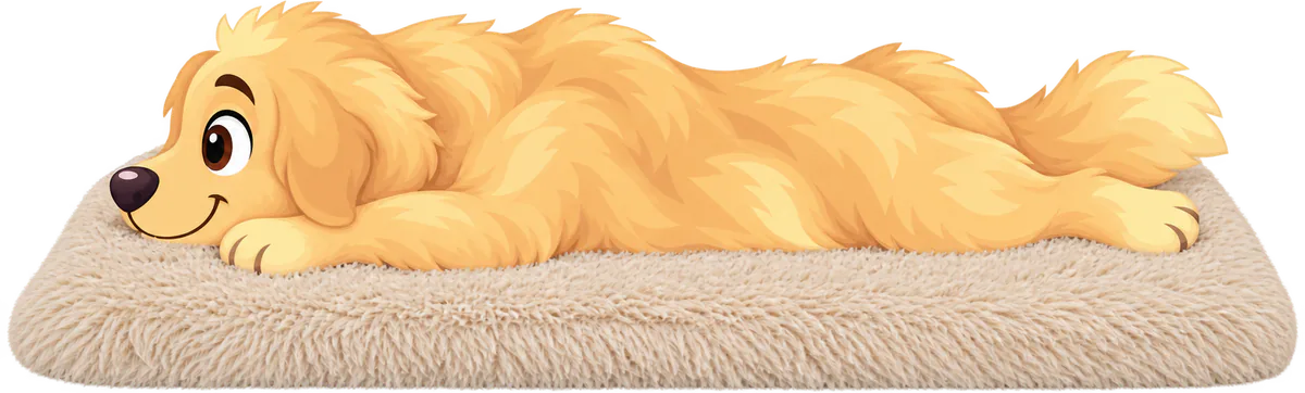 Illustrated golden retriever puppy stretched out flat on its side on a cream WOOPF™ Fluffy Shag Calming Sleeping Mat