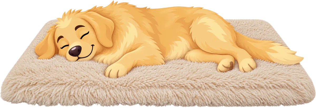 Illustrated golden retriever puppy asleep on its side on a cream WOOPF™ Fluffy Shag Calming Sleeping Mat