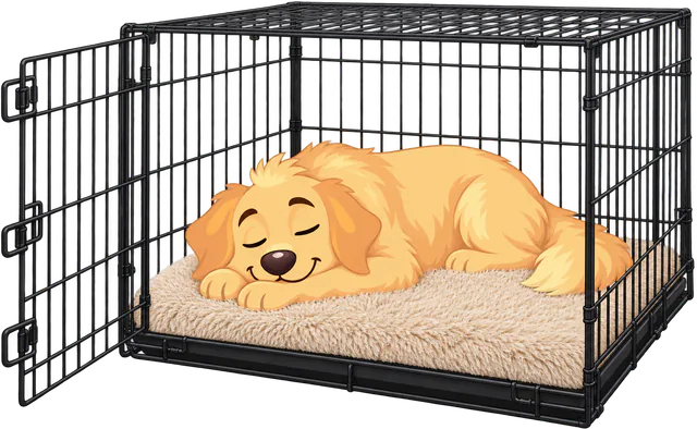 Illustrated golden retriever puppy asleep on a WOOPF™ Fluffy Shag Calming Sleeping Mat inside a wire crate