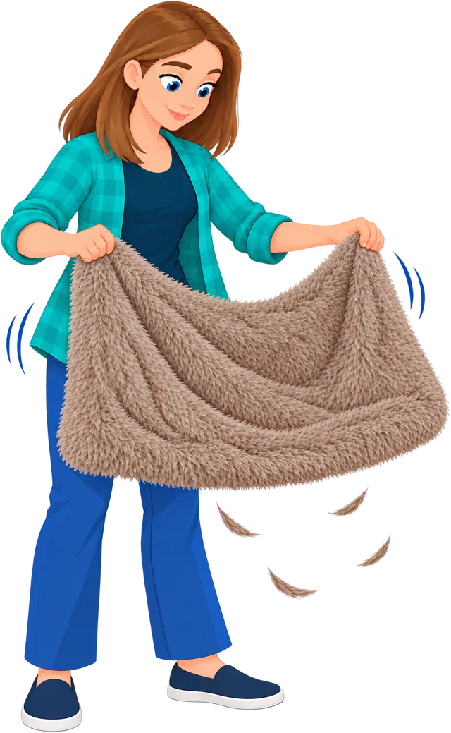 Illustrated woman shaking the hair off a taupe WOOPF™ Fluffy Shag Calming Sleeping Mat