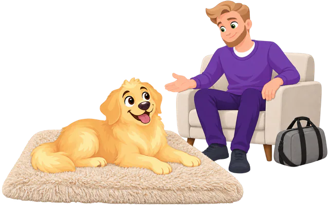 Illustrated golden retriever puppy lying on a WOOPF™ Fluffy Shag Calming Sleeping Mat beside a man in an armchair, a travel bag at his feet